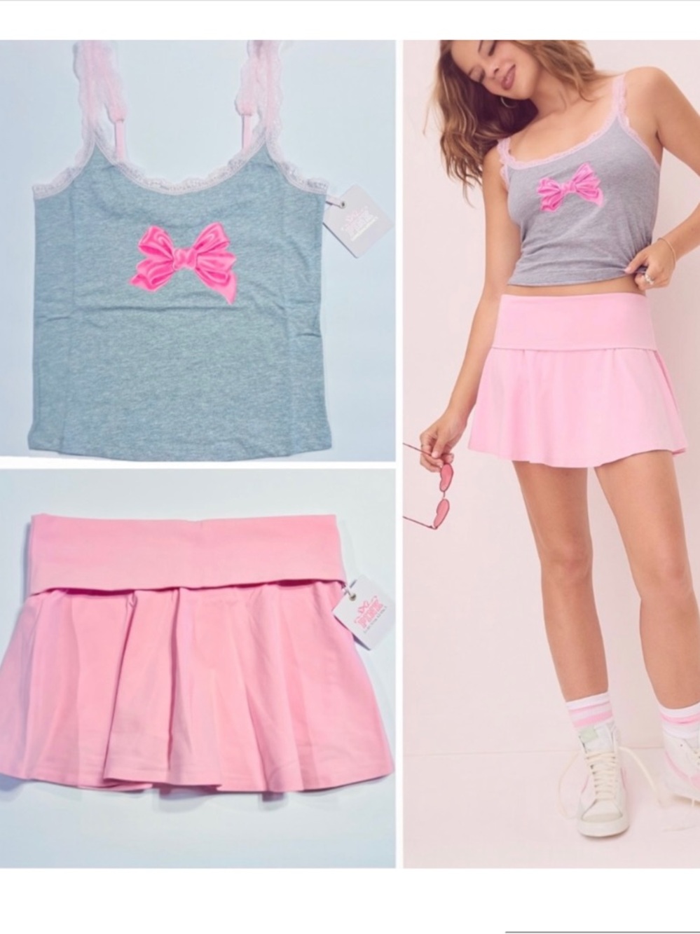 🎀PINK x LoveShackFancy Grey Cami Pink Bow Foldover Bling Flirty Skirt / Skort